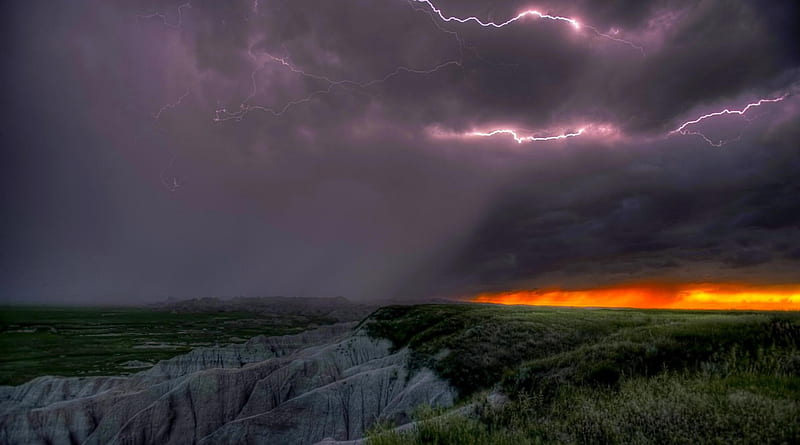 aggressive lightning storm over badlands, rocks, lightning, badlands, sunset, clouds, storm, HD wallpaper