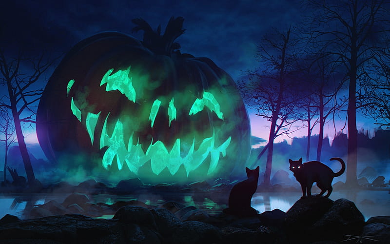 Happy Halloween, fantasy, luminos, green, umpkin, halloween, black, cat, blue, HD wallpaper