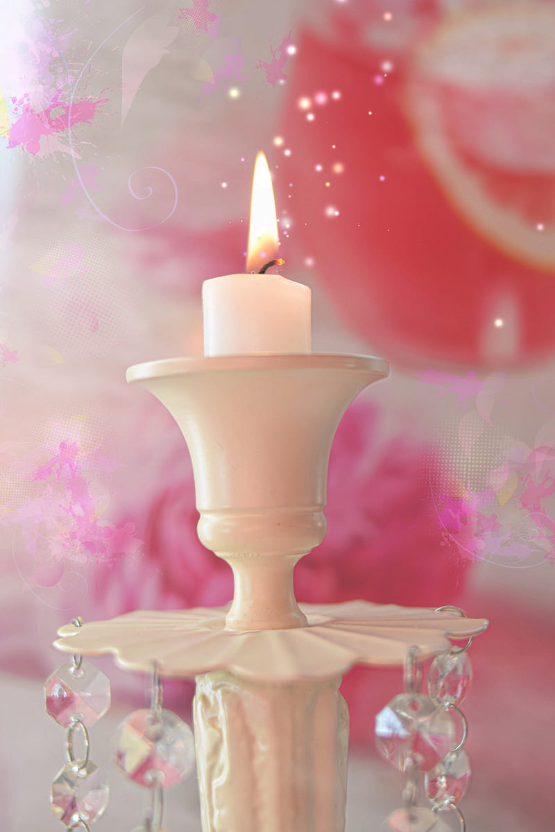 candle, fire, candlestick, pink, white, HD phone wallpaper