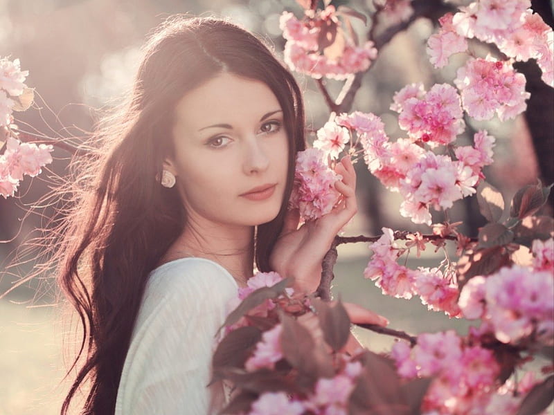 Spring, model, flowers, lady, pink, HD wallpaper