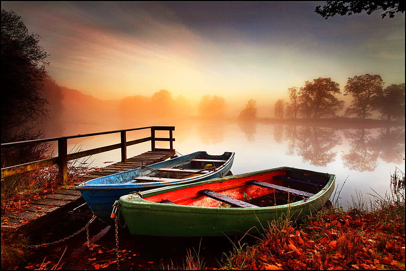 Boats At Misty Sunrise Background, Background, Sunset, Trees, Sky