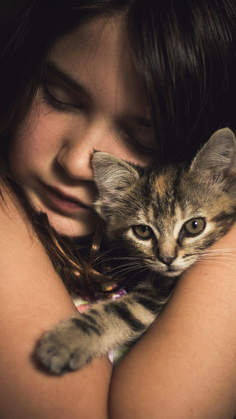 Little Girl with Kitten , animals, cat, cute, little girl, adorable, HD phone wallpaper