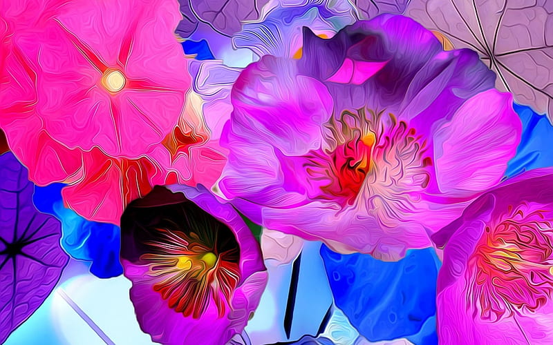 Flowers, poppy, art, painting, flower, pictura, pink, blue, HD wallpaper