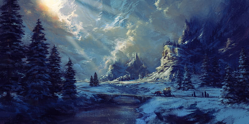 Journey, world, fantasy, luminos, snow, philipp a urlich, iarna, winter, blue, art, HD wallpaper