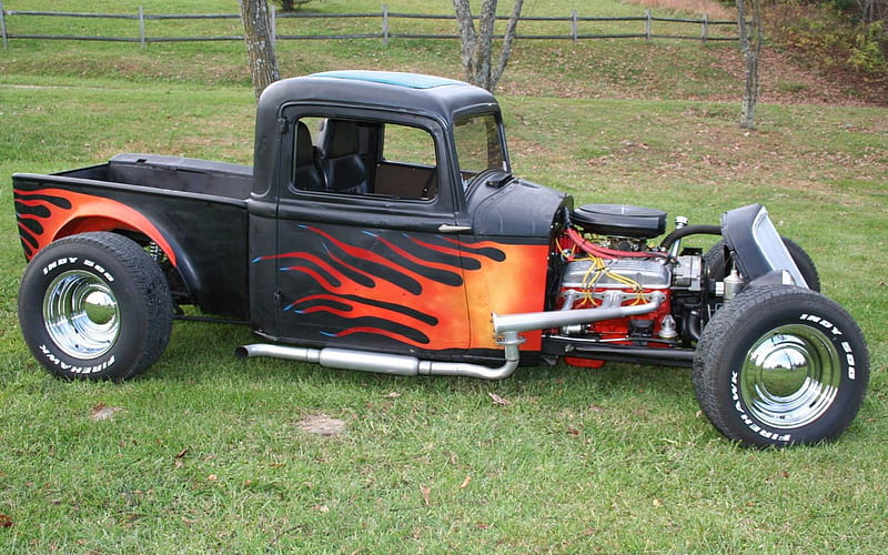 hotrod pick up truck, truck, hotrod, grass, pick up, HD wallpaper