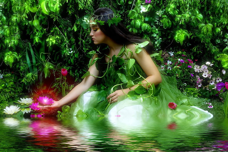 Green fairy, bonito, magic, woman, lights, leaves, nice, calm, love, flowers, reflection, enchanted, fairy, forest, lovely, romantic, greenery, trees, lake, pond, brunette, water, lillies, girl, nature, lady, HD wallpaper