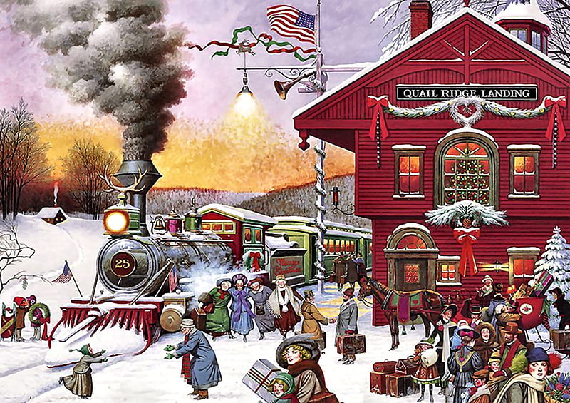 Christmas Whistle Stop F1, railroad, Christmas, art, locomotive, bonito, illustration, artwork, winter, train, snow, engine, painting, wide screen, tracks, HD wallpaper