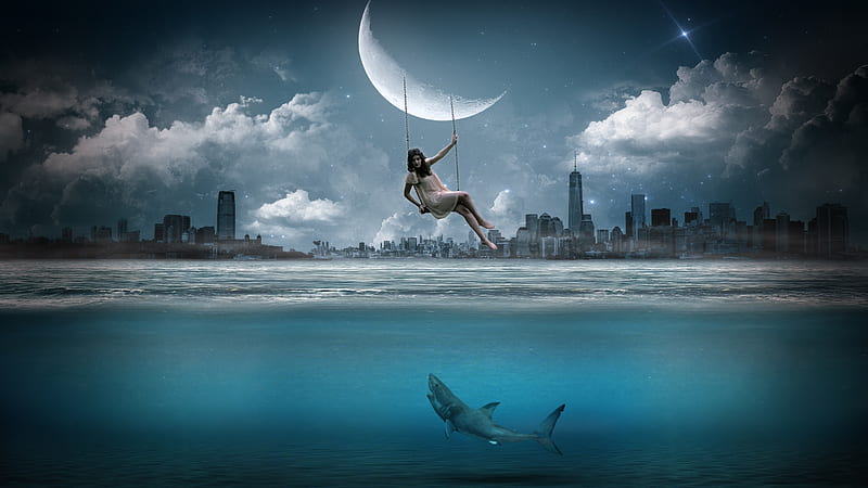Swinging in the Moonlight, cloud, luminos, moon, sky, fantasy, moon, water, vara, girl, swing, summer, white, blue, HD wallpaper