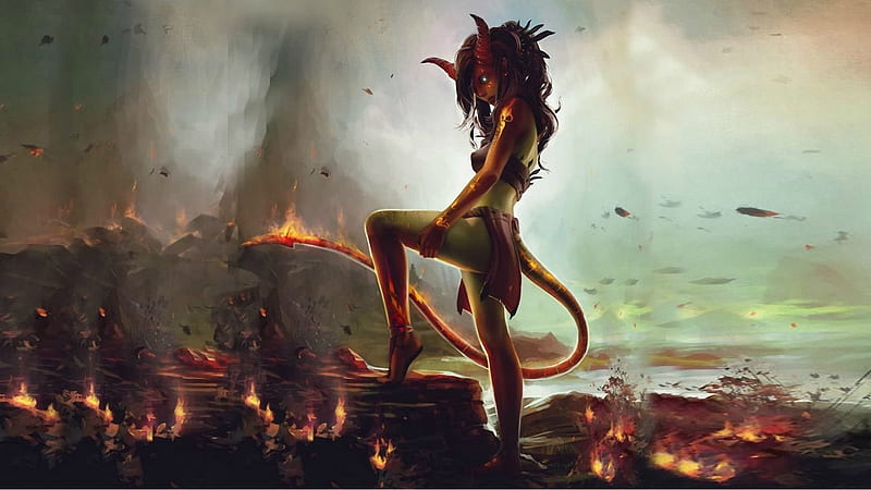 Demones, demon, hell, girl, fire, fantasy, halloween, HD wallpaper