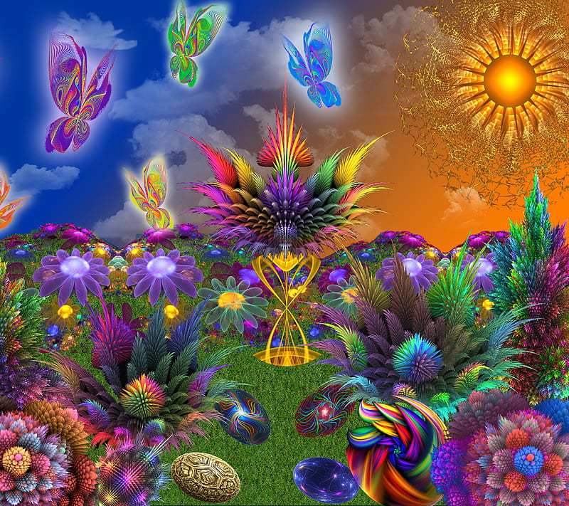 Garden Trip, 3d, abstract, plant, psychedelia, sun, trip, HD wallpaper