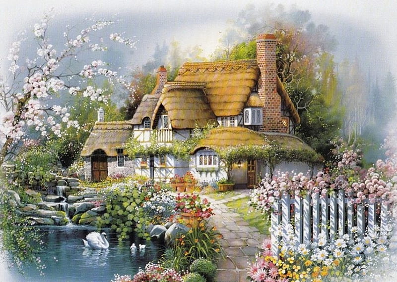 Garden Cottage, pond, fence, house, painting, flowers, swan, artwork, HD wallpaper