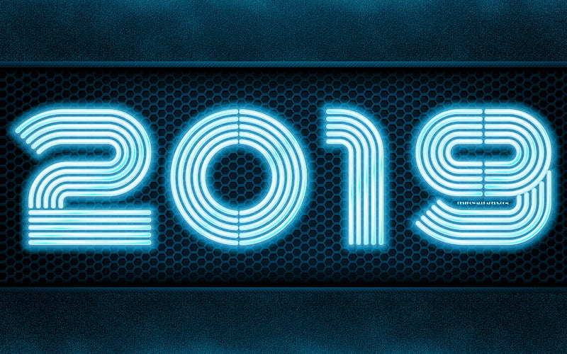 2019 year, neon digits, creative, metal grid, 2019 concepts, blue background, Happy New Year 2019, HD wallpaper