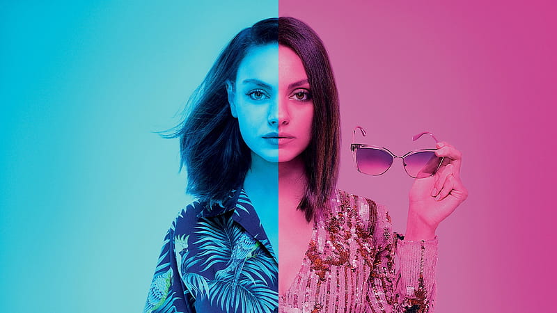 The Spy Who Dumped Me (2018), sunglasses, poster, movie, actress, the spy who dumped me, pink, blue, Mila Kunis, HD wallpaper