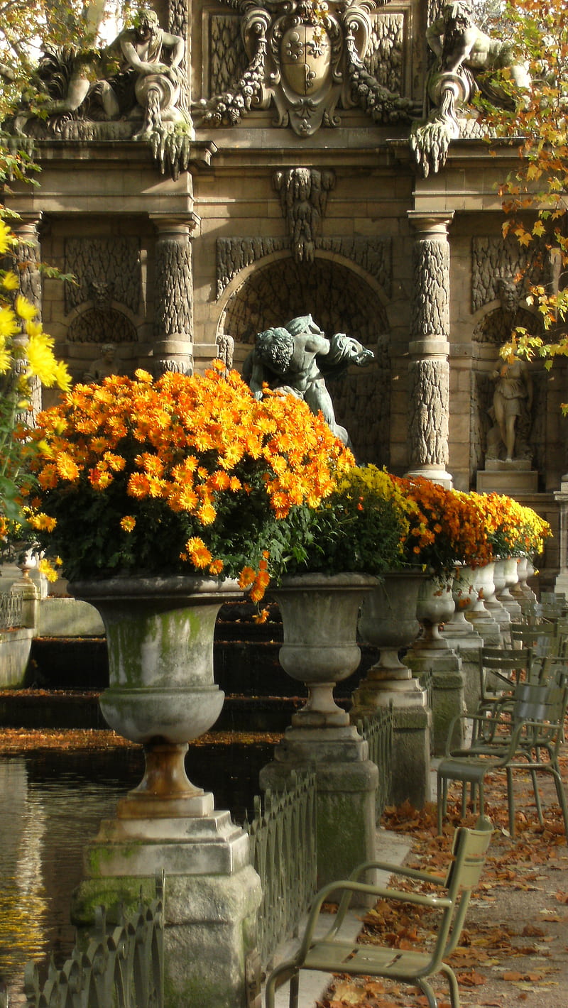 Luxembourg Gardens, flowers, paris, trees, water, HD phone wallpaper