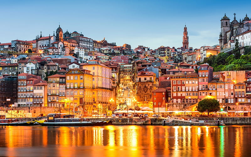 Porto, evening, bay, sunset, Porto cityscape, colorful houses, Portugal, HD wallpaper