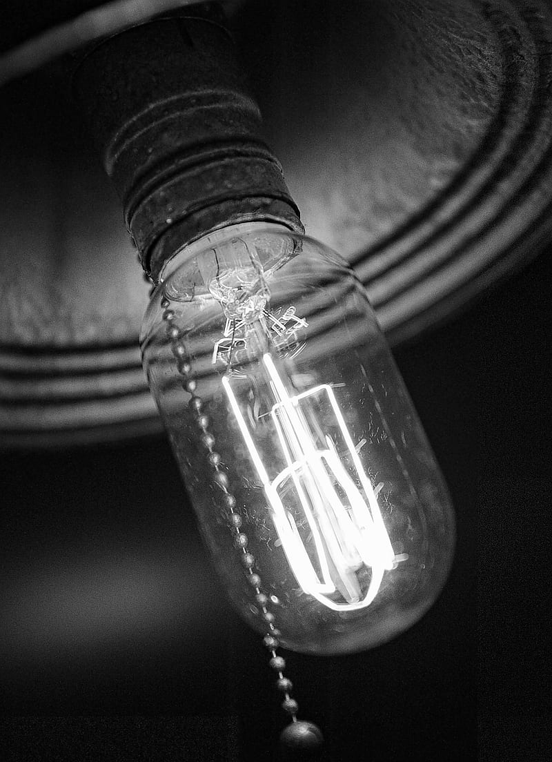 Bulb, light, light bulb, vintage, retro, black and white, filament, HD phone wallpaper