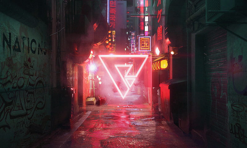 street, triangle, cyberpunk, neon, HD wallpaper