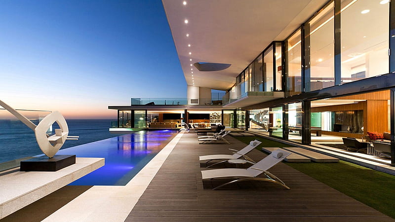 spectacular seaside home, modern, house, view, pool, terrace, sea, HD wallpaper