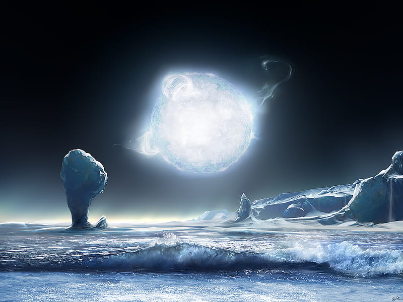 Cold Fire, planets, space, rockets, cold, galaxies, blue, stars, moons, satellites, iceberg, wawes, fire, water, icy, ice, earth, frozen, HD wallpaper