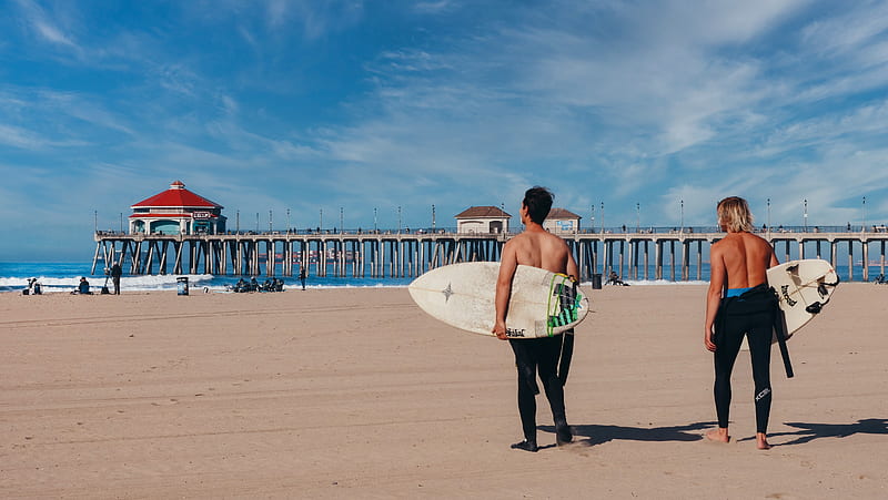 Woman in Green and White Bikini Carrying White Surfboard Walking on Beach, HD wallpaper