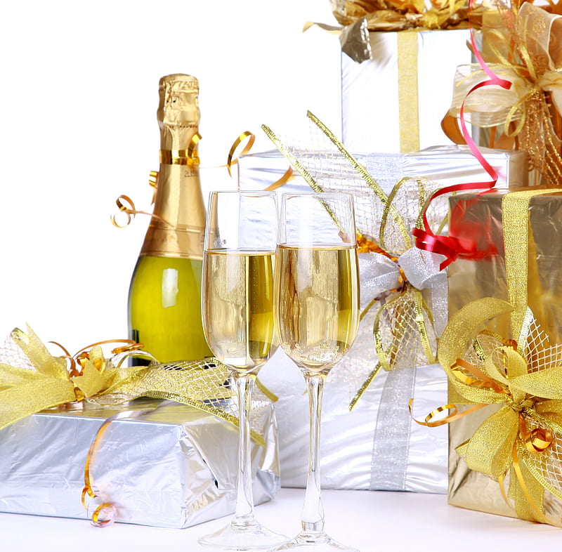 Happy New Year, holiday, glasses, box, bonito, elegantly, graphy, nice, cool, merry christmas, gentle, drink, champagne, gifts, HD wallpaper