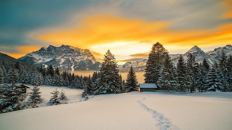 A winter landscape in Tyrol, Austria, Austria, snow, Tyrol, bonito, sunrise, sky, winter, hills, view, mountain, HD wallpaper