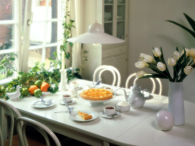 Afternoon Tea, fruit, table, crockery, chairs, flowers, pie, room, tulips, HD wallpaper