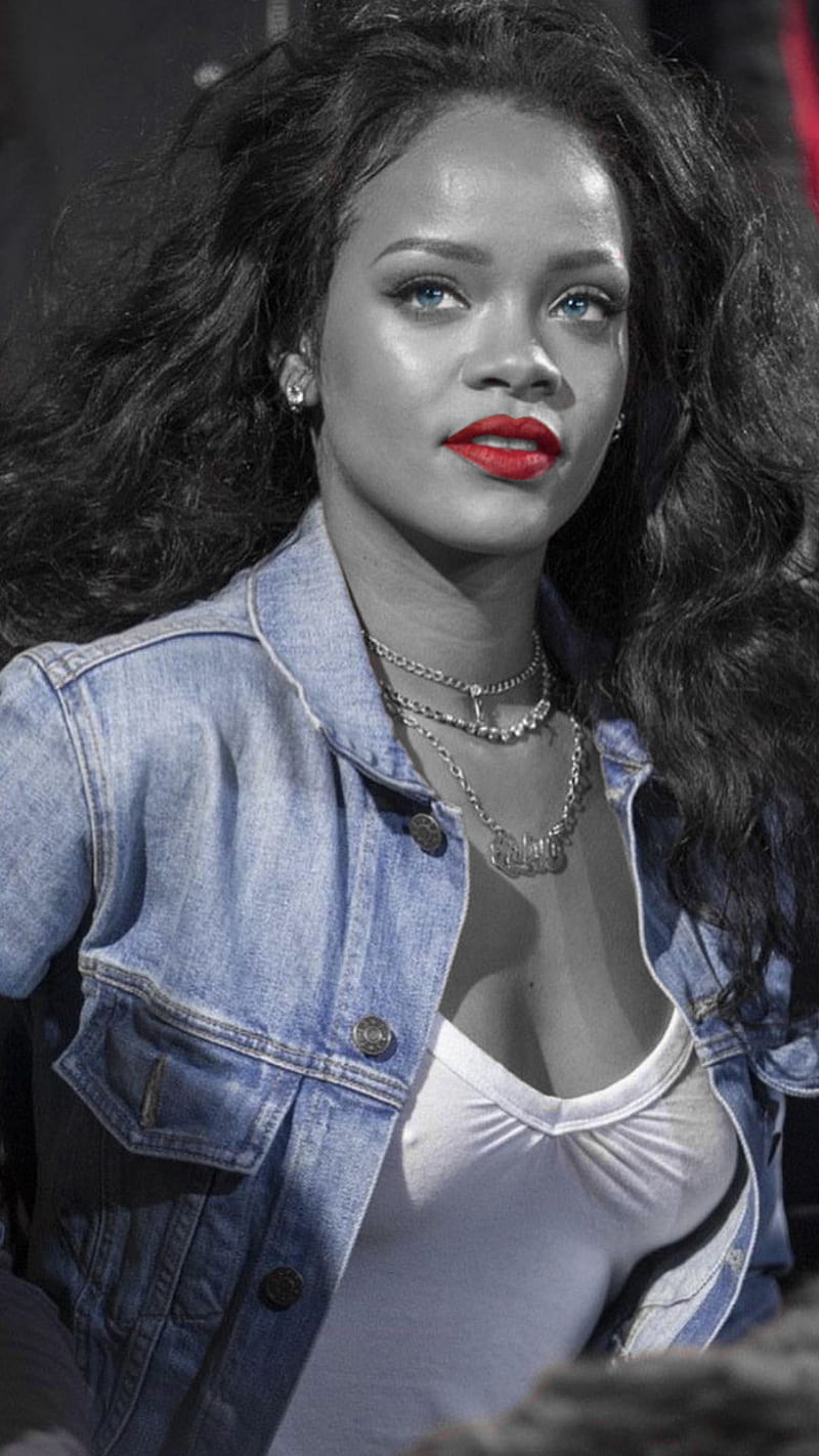 Rihanna, black and white, black and white, brown woman, bw, colors, jeans, pretty, red lips, singer, usa, HD phone wallpaper