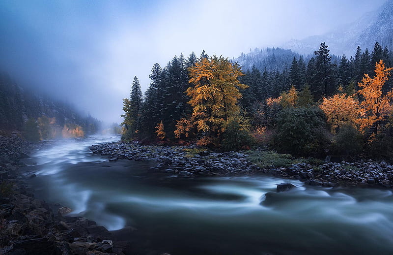 Fall colors at dusk during the start of a snowstorm in Leavenworth, Washington, trees, River, fall, mountain, autumn, colors, HD wallpaper
