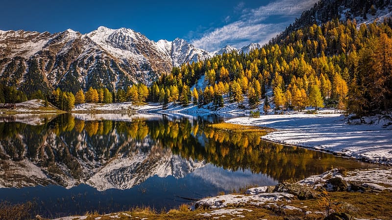 Lake Guisinger, Styria, Austria, colors, landscape, trees, autumn, rocks, mountains, water, reflections, snow, HD wallpaper