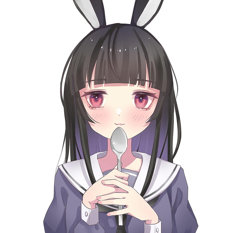 girl, rabbit, ears, spoon, anime, art, cute, HD phone wallpaper