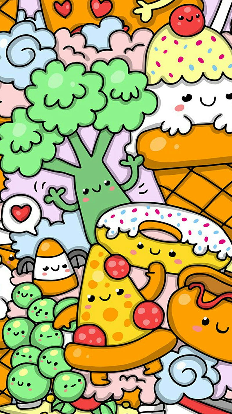 Cute Food, broccoli, colorful, cute, donut, food, ice cream, peas, pizza, HD phone wallpaper
