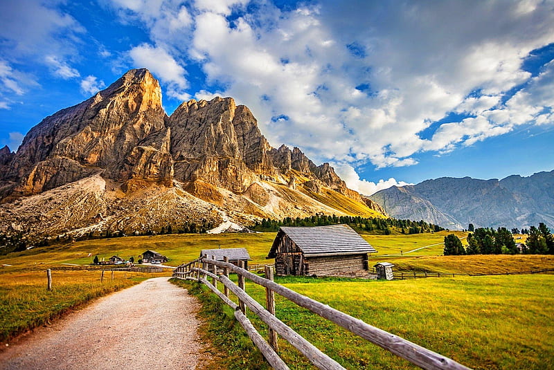 Beautiful Mountain Scenery, cabin, italian, alps, path, clouds, sky, HD wallpaper