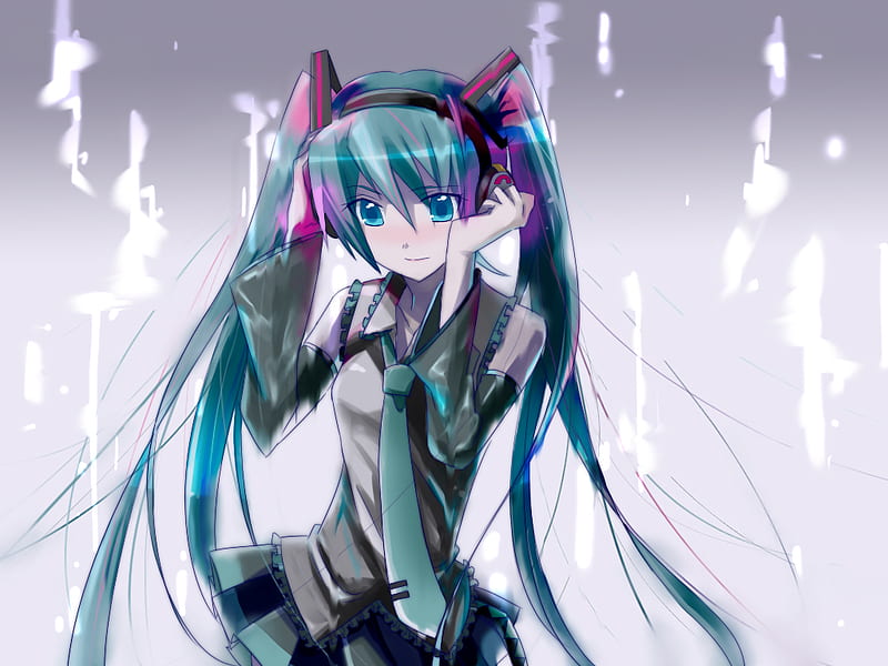 Hatsune Miku, headsets, gray, twintail, notes, ribbons, cute, purple, anime, white, vocaloids, HD wallpaper