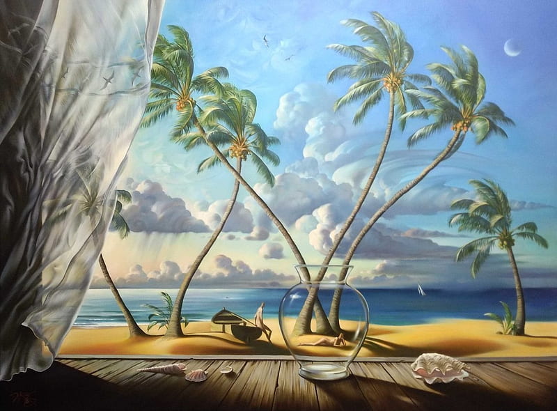 :), picutra, cloud, vladimir kush, wind, painting, sky, palm tree, art, vara, summer, HD wallpaper
