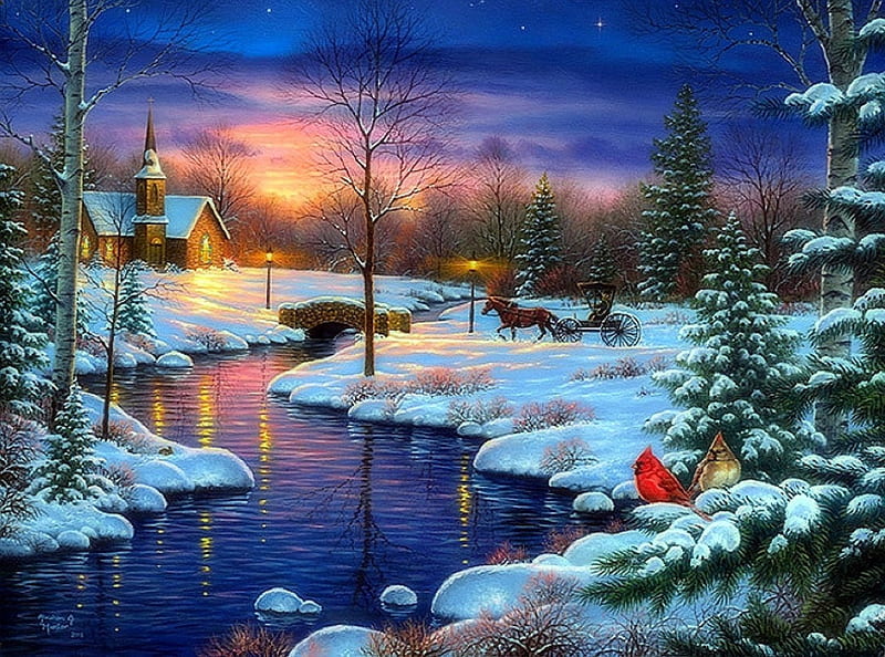 ★Holy Night★, Christmas, holidays, horse carriage, bonito, xmas and new year, cardinals, paintings, churches, lovely, New Year, bridges, white trees, colors, love four seasons, creative pre-made, winter, snow, winter holidays, nature, HD wallpaper