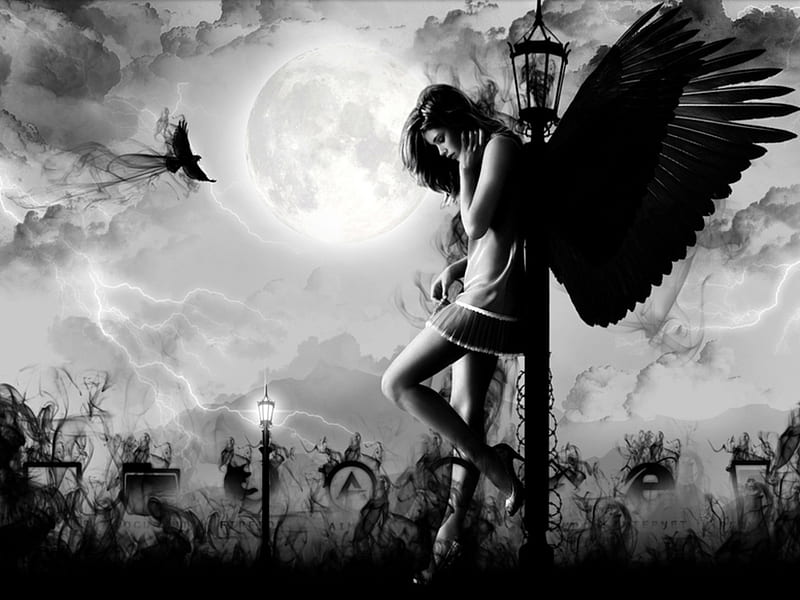 Dark Angel, female, wings, cloud, smoking, angel, light pole, abstract, woman, fantasy, moon, strom, bird, dark, black wings, light, HD wallpaper