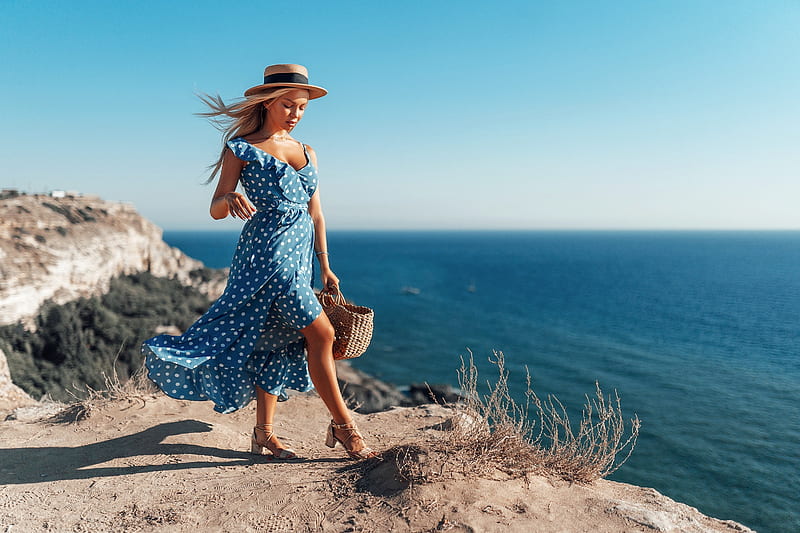 Model in a Blue Polka Dot Dress, model, dress, blonde, beach, hat, HD wallpaper