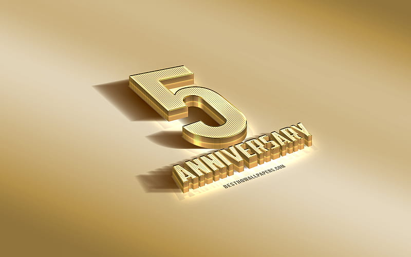 5th Anniversary sign, golden 3d symbol, golden Anniversary background, 5th Anniversary, creative 3d art, 5 Years Anniversary, 3d Anniversary sign, HD wallpaper