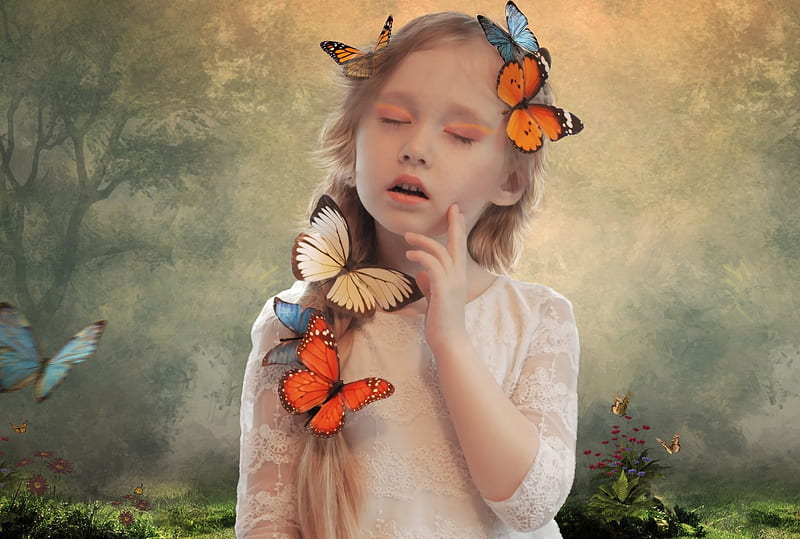 Feeling the butterflies, cute, wings, butterfly, orange, little girl, child, blue, HD wallpaper
