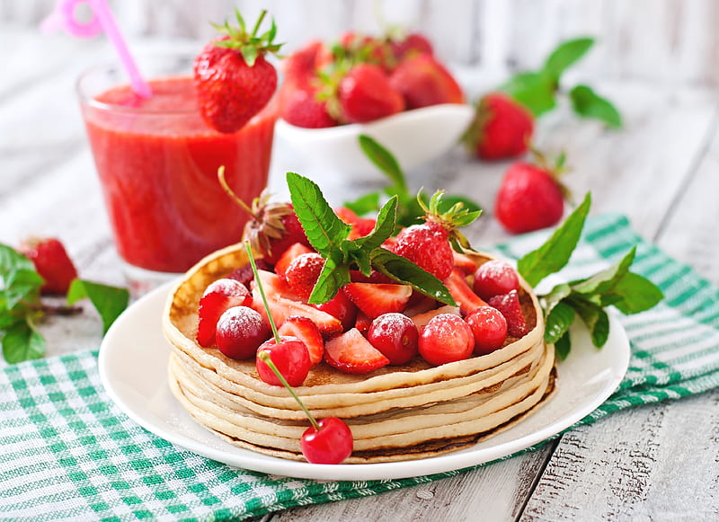 Food, Pancake, Berry, Breakfast, Cherry, Smoothie, Still Life, Strawberry, HD wallpaper