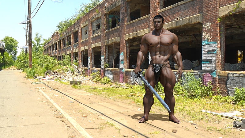 Apocalyptic fighter (2), warrior, male, muscle, danger, hero, apocalypctic, hunk, sword, ruins, HD wallpaper