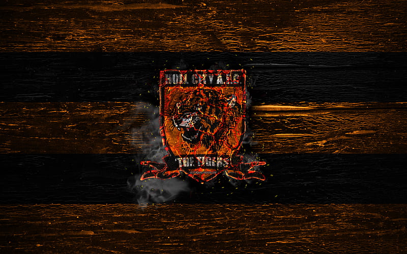 Hull City FC, fire logo, Championship, orange and black lines, english football club, grunge, football, soccer, Hull City logo, wooden texture, England, HD wallpaper