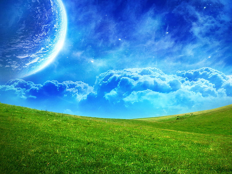 Another World II, grass, space, gourgeous, bonito, clouds, grasslands, nice, moon, green, blue, amazing, moons, customized, colors, beaty, fabulous, sky, trees, abstract, cool, awesome, majesty, earth, landscape, HD wallpaper