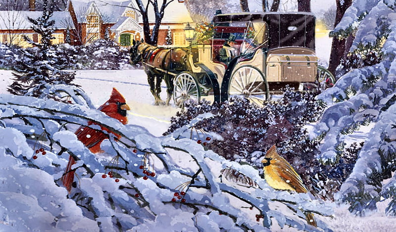 Horse-drawn Buggy F2Cmp, art, equine, horse, illustration, artwork, winter, cardinals, painting, wide screen, scenery, landscape, HD wallpaper
