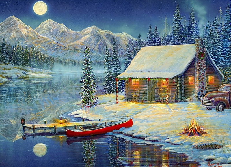 Cold Winter's Night, hunting, painting, canoe, cabin, night, winter, HD wallpaper