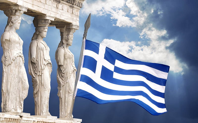 *Karyatides*, greek flag, greece, ancient, temple, karyatides, acropolis, athens, HD wallpaper
