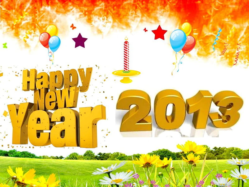 Happy new 2013 year!, pretty, baloons, bonito, seasons, year, 2013, nice, freshneww, flowers, stars, lovely, holiday, fresh, decoration, fun, new year, spring, happy new year, joy, mood, winter, field, HD wallpaper