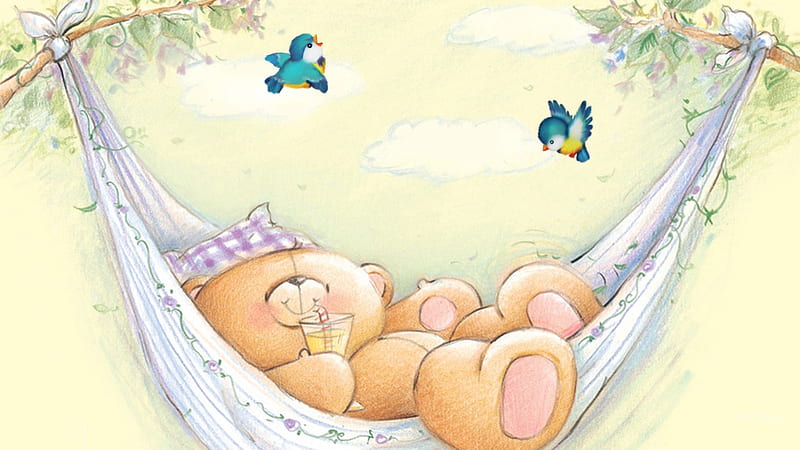 Teddy Rest, rest, sleep, children, toy, birds, soft, hammock, animal, sweet, plush, summer, teddy bear, HD wallpaper
