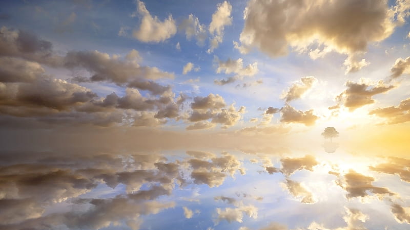A horizon in the sky of clouds, sun, sunset, clouds, beautiful day, mazing, nice, skyscape, gold, scenario, heaven, sunbeam, golden, sky, abstract, water, cool, paradise, awesome, sunshine, white, scenic, 1920x1080, renderized, bonito, graphy, sun rays, mirror, scenery, beije, blue, reflex, horizon, sunlight, colors, day, reflections, scene, HD wallpaper